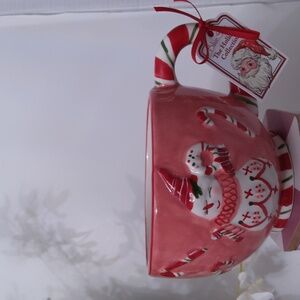 Blue Sky Festive Pink Snowman Mug with Candy Cane Handle, NWT